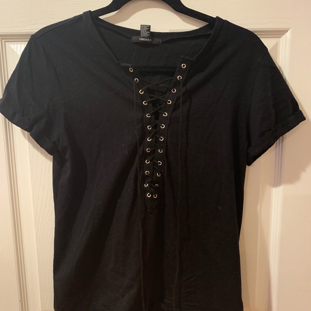Black Lace Up T Shirt